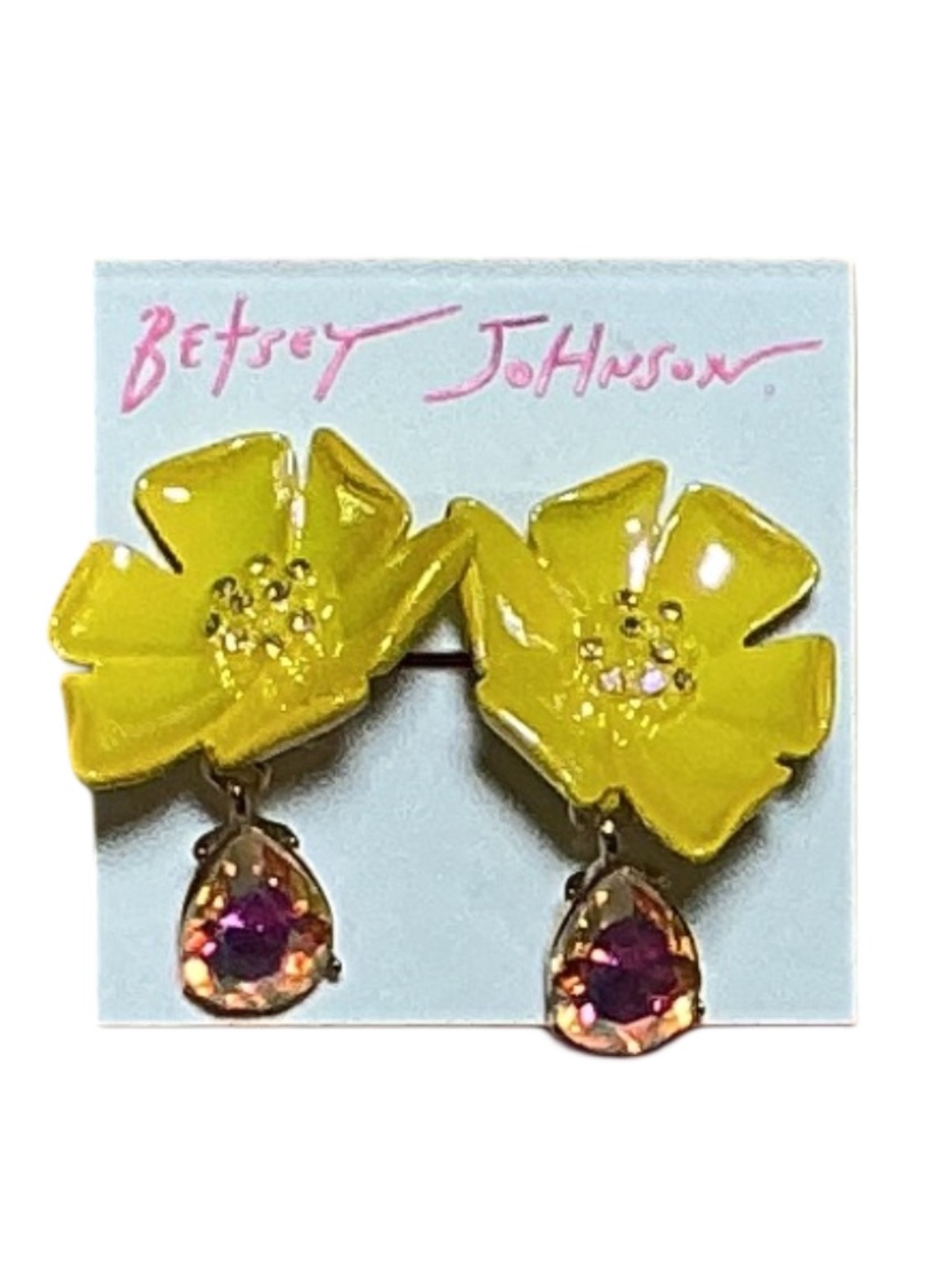 Betsey Johnson Earrings, Yellow Daffodil Flowers, Crystal Dangle, New